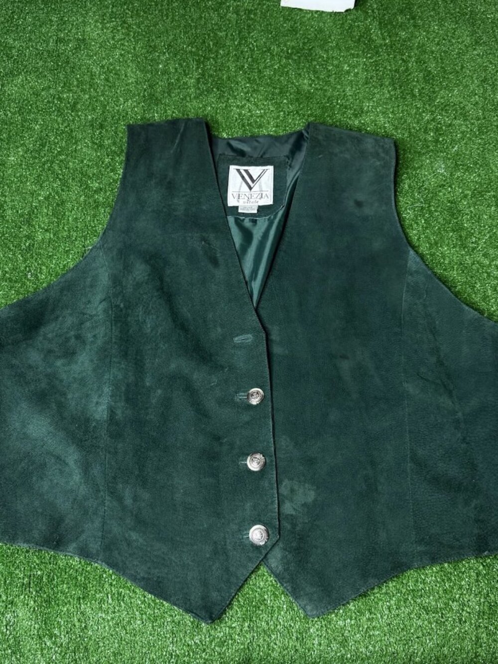 Venezia Vitale Vintage Emerald Green Leather Button Front Vest Cowgirl Y2K 26-28